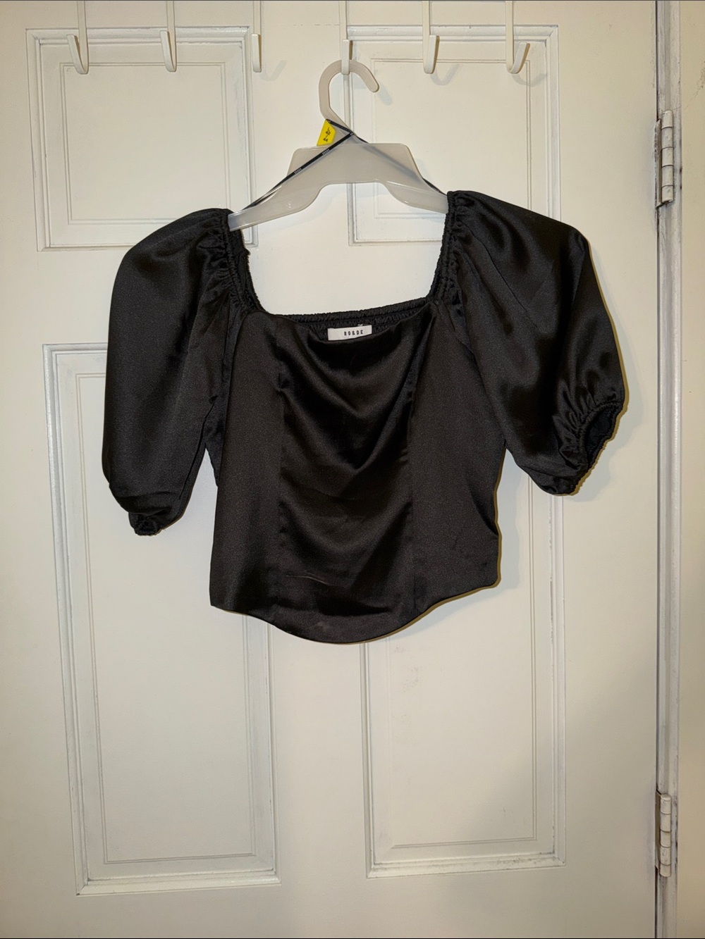 Ro & De Black Satin Puff Sleeve Square Neck Blouse